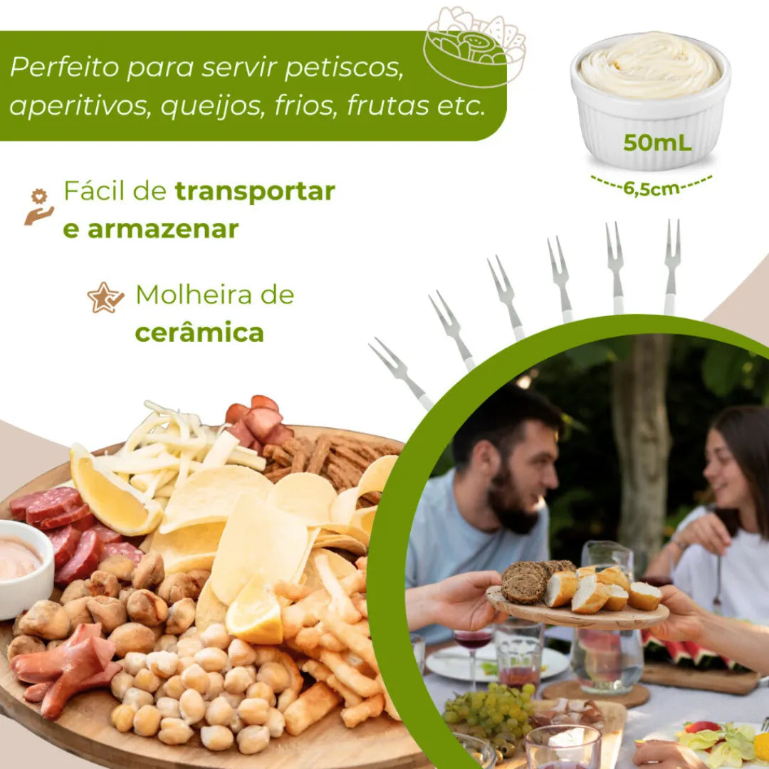 Kit Completo Petisqueira Redonda Com Molheira e 6 Garfinhos