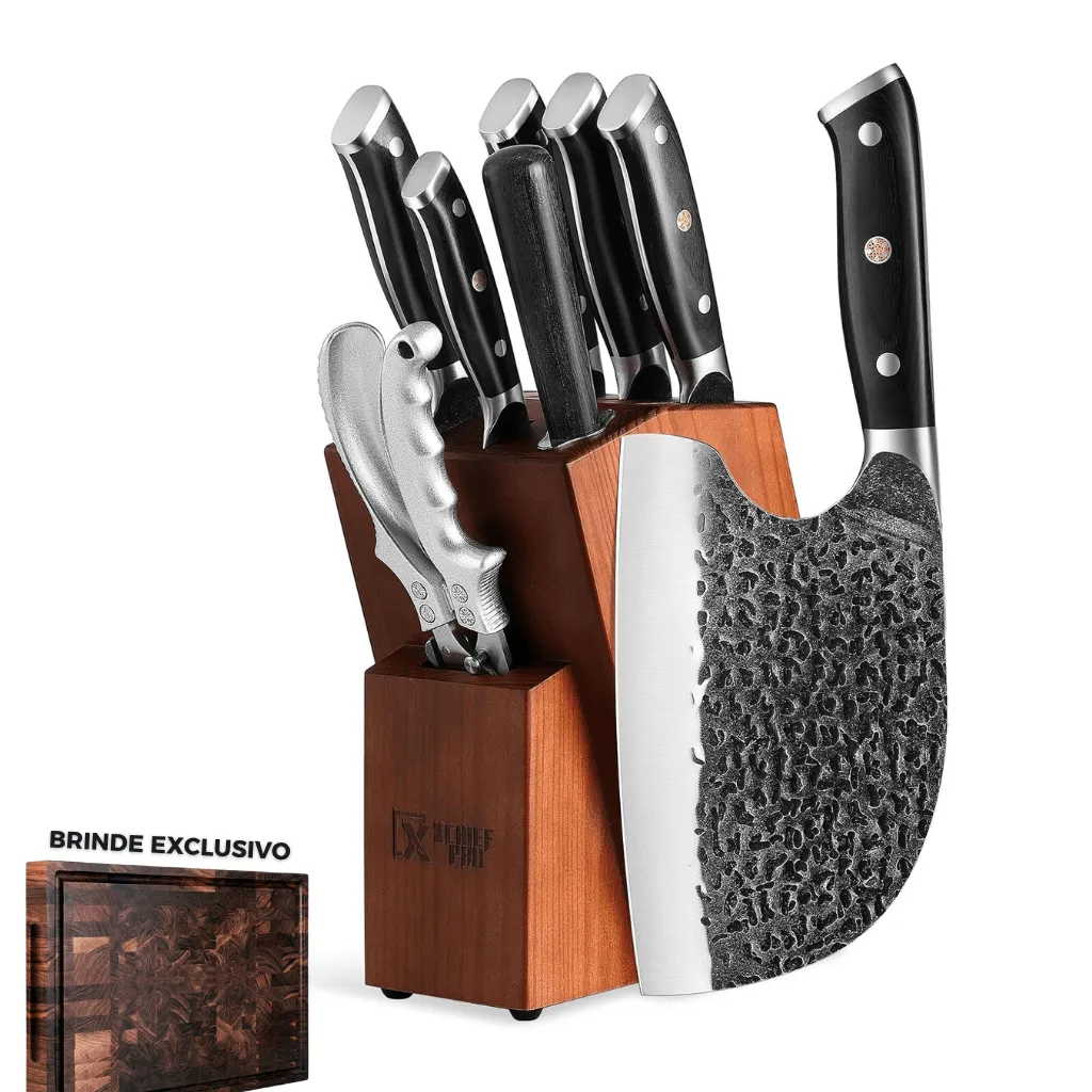 Kit Chef Nakiri Santoku 9 Peças com Tábua de Corte - Aço Carbono + Bolsa - Imagem 15