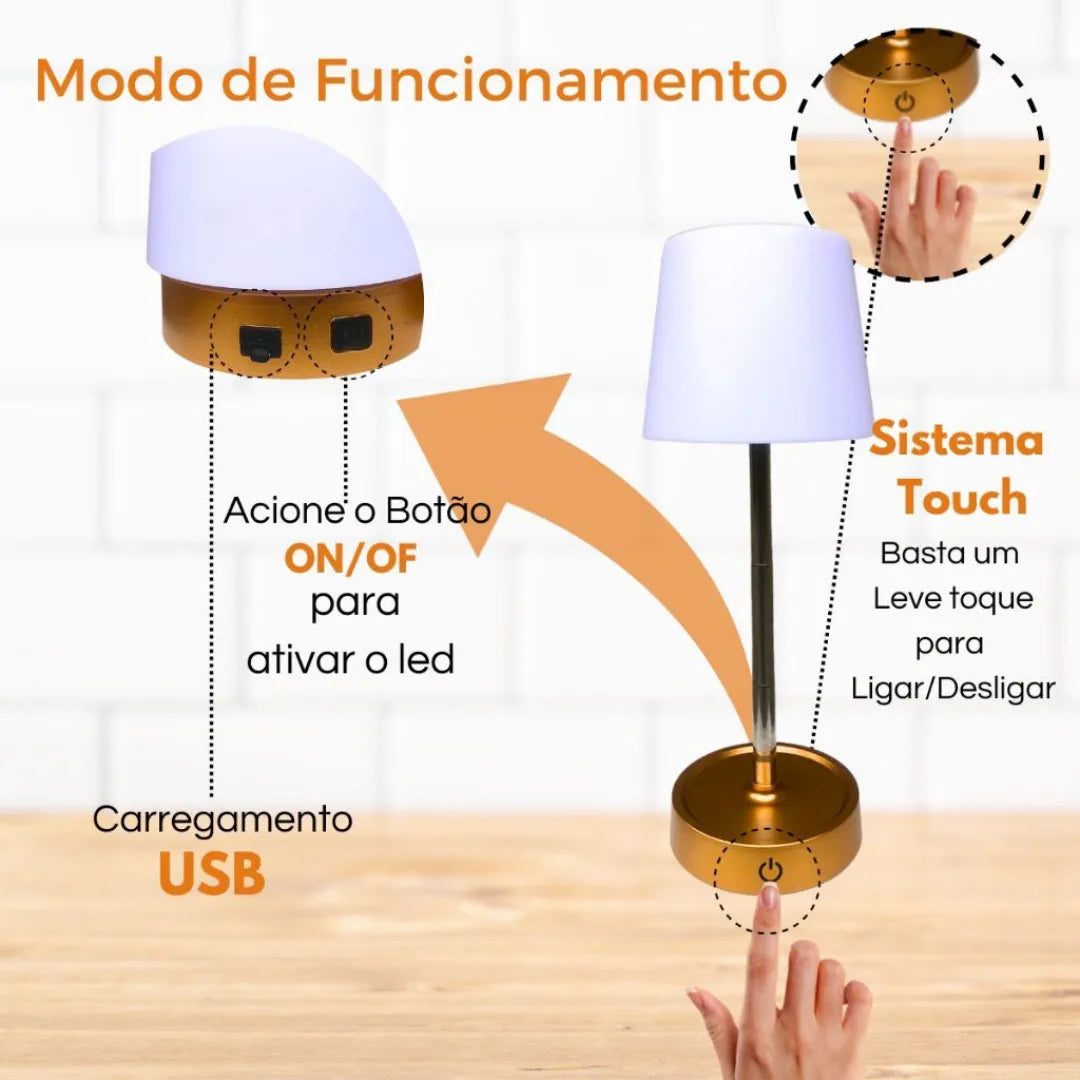 Abajur LED Recarregável Retrátil - Lúmine - Dourado · 1 unidade - Imagem 6